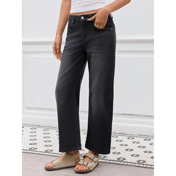 Women Jeans Stretch Denim Mid-Waist Wide Leg Cropped Casual Baggy Pants - Picture 2 of 6